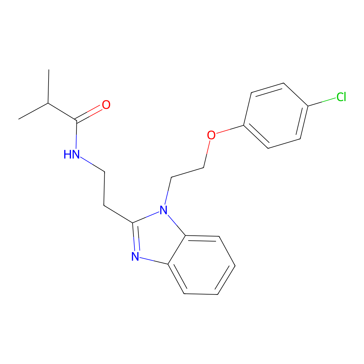 N-[2-[1-[2-(4-chlorophenoxy)ethyl]benzimidazol-2-yl]ethyl]-2-methylpropanamide molecular structure, CAS 692747-13-0