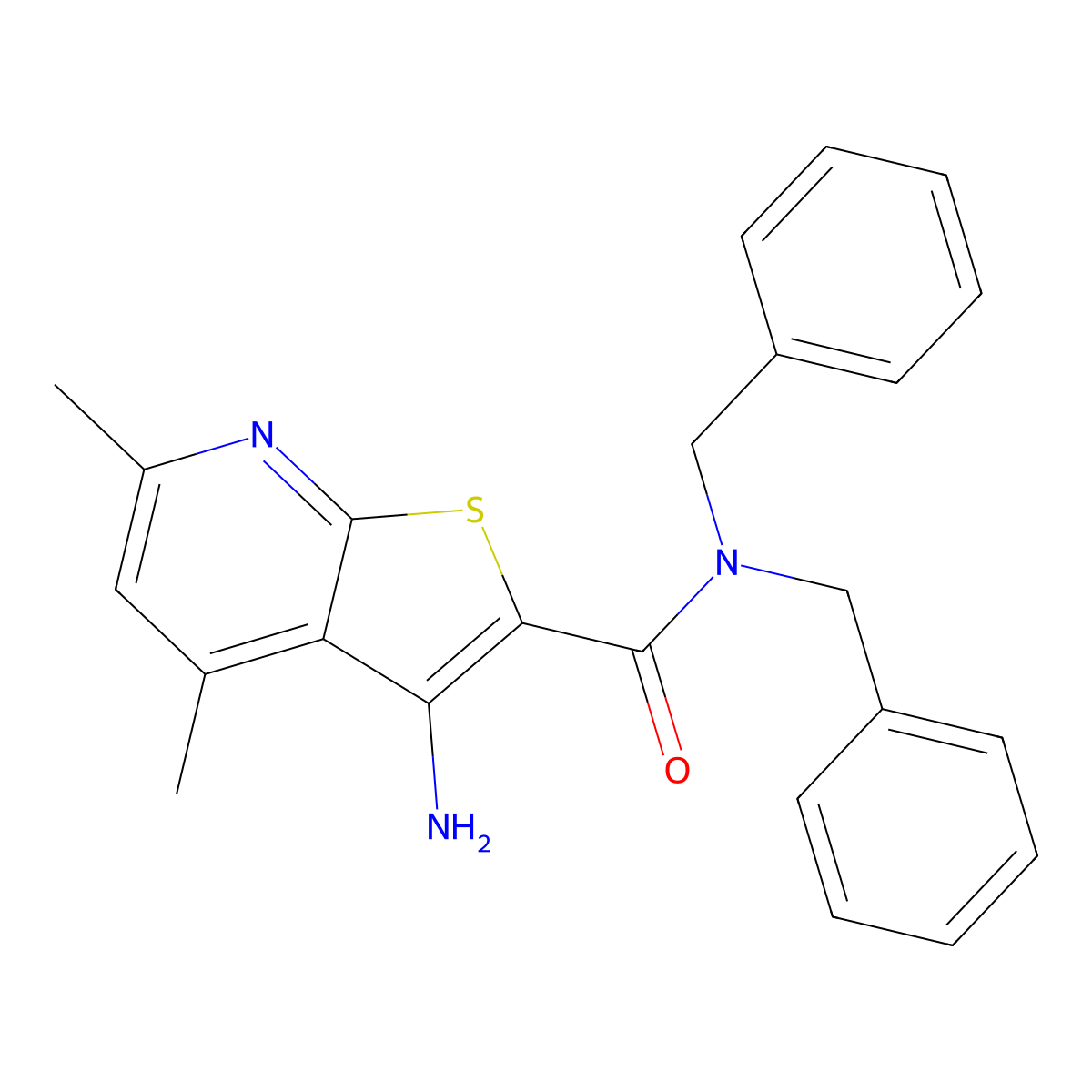 3-amino-N,N-dibenzyl-4,6-dimethylthieno[2,3-b]pyridine-2-carboxamide molecular structure, CAS 692758-18-2