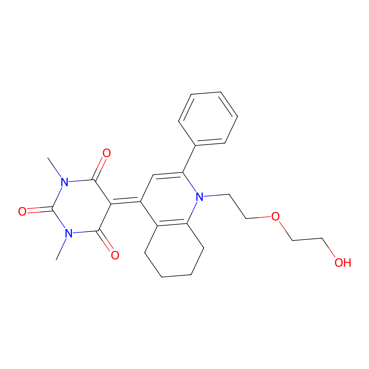 5-(1-(2-(2-hydroxyethoxy)ethyl)-2-phenyl-5,6,7,8-tetrahydroquinolin-4(1H)-ylidene)-1,3-dimethylpyrimidine-2,4,6(1H,3H,5H)-trione molecular structure, CAS 692758-25-1