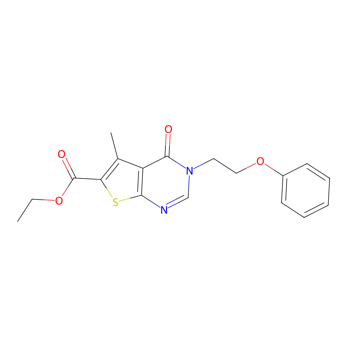 Ethyl 5-methyl-4-oxo-3-(2-phenoxyethyl)-3,4-dihydrothieno[2,3-d]pyrimidine-6-carboxylate molecular structure, CAS 692761-13-0