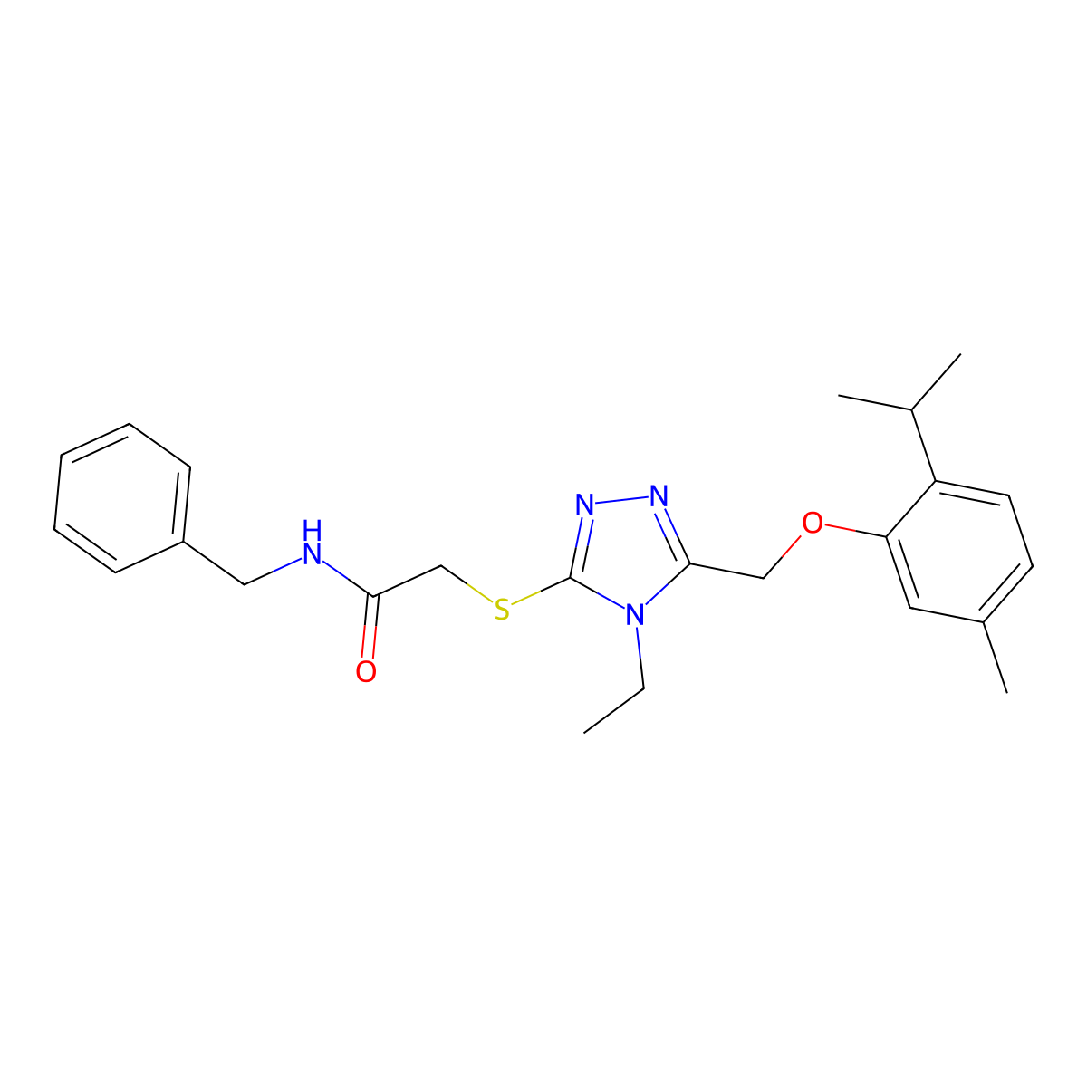N-benzyl-2-[[4-ethyl-5-[(5-methyl-2-propan-2-ylphenoxy)methyl]-1,2,4-triazol-3-yl]sulfanyl]acetamide molecular structure, CAS 692771-13-4