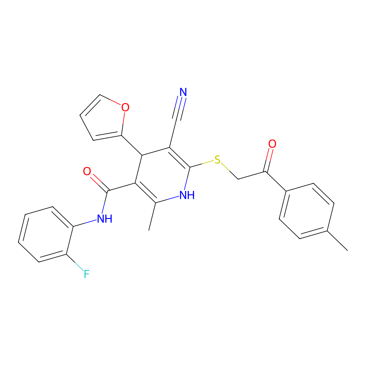 5-cyano-N-(2-fluorophenyl)-4-(furan-2-yl)-2-methyl-6-[2-(4-methylphenyl)-2-oxoethyl]sulfanyl-1,4-dihydropyridine-3-carboxamide molecular structure, CAS 692771-30-5