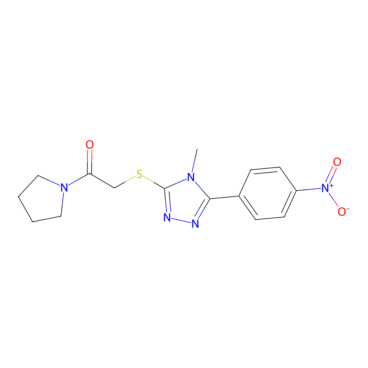 2-[[4-Methyl-5-(4-nitrophenyl)-1,2,4-triazol-3-yl]sulfanyl]-1-pyrrolidin-1-ylethanone molecular structure, CAS 692771-35-0