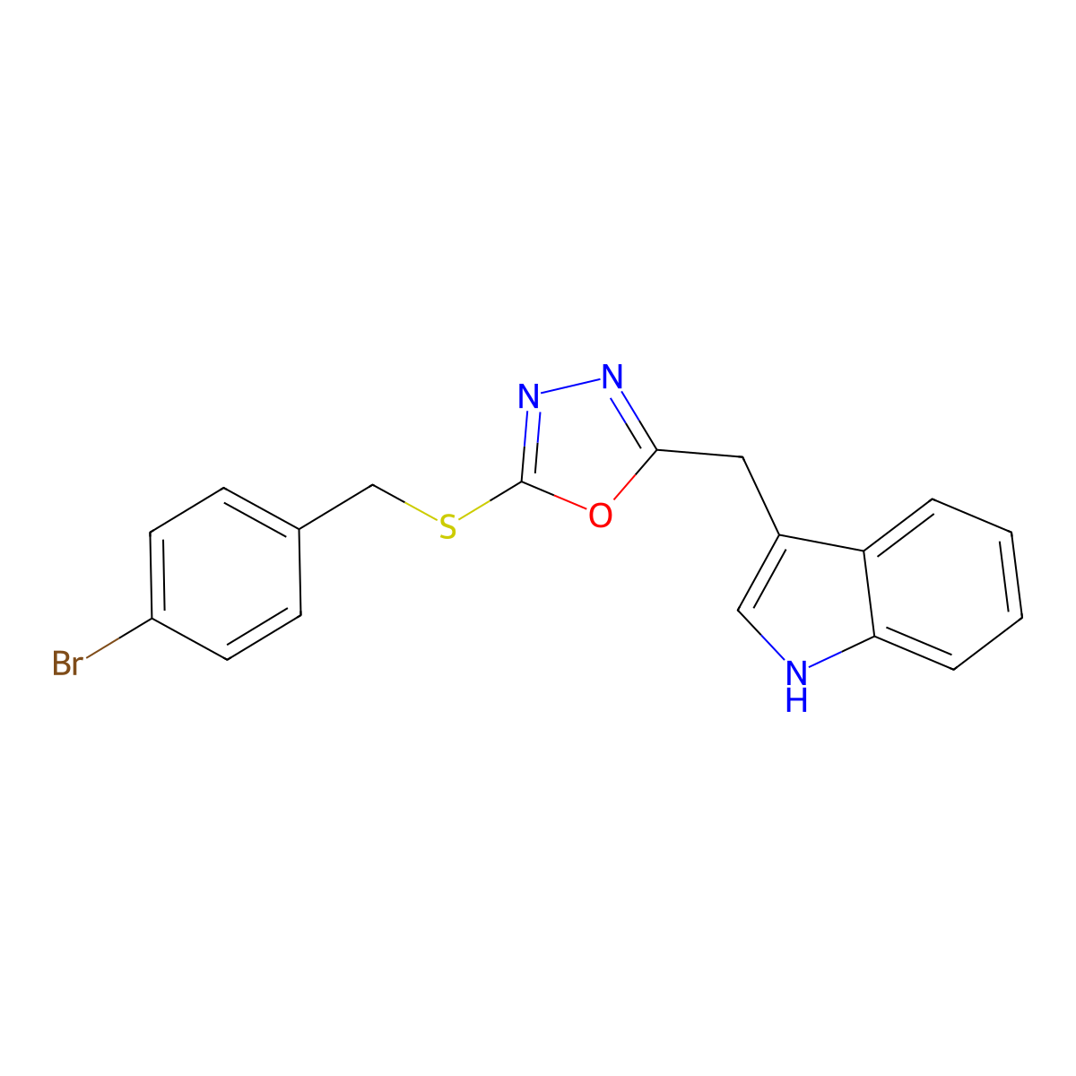 2-[(4-bromophenyl)methylsulfanyl]-5-(1H-indol-3-ylmethyl)-1,3,4-oxadiazole molecular structure, CAS 692771-54-3