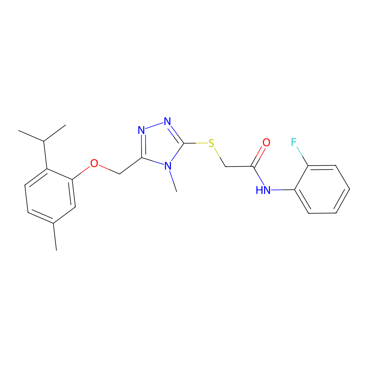 N-(2-fluorophenyl)-2-[[4-methyl-5-[(5-methyl-2-propan-2-ylphenoxy)methyl]-1,2,4-triazol-3-yl]sulfanyl]acetamide molecular structure, CAS 692771-55-4