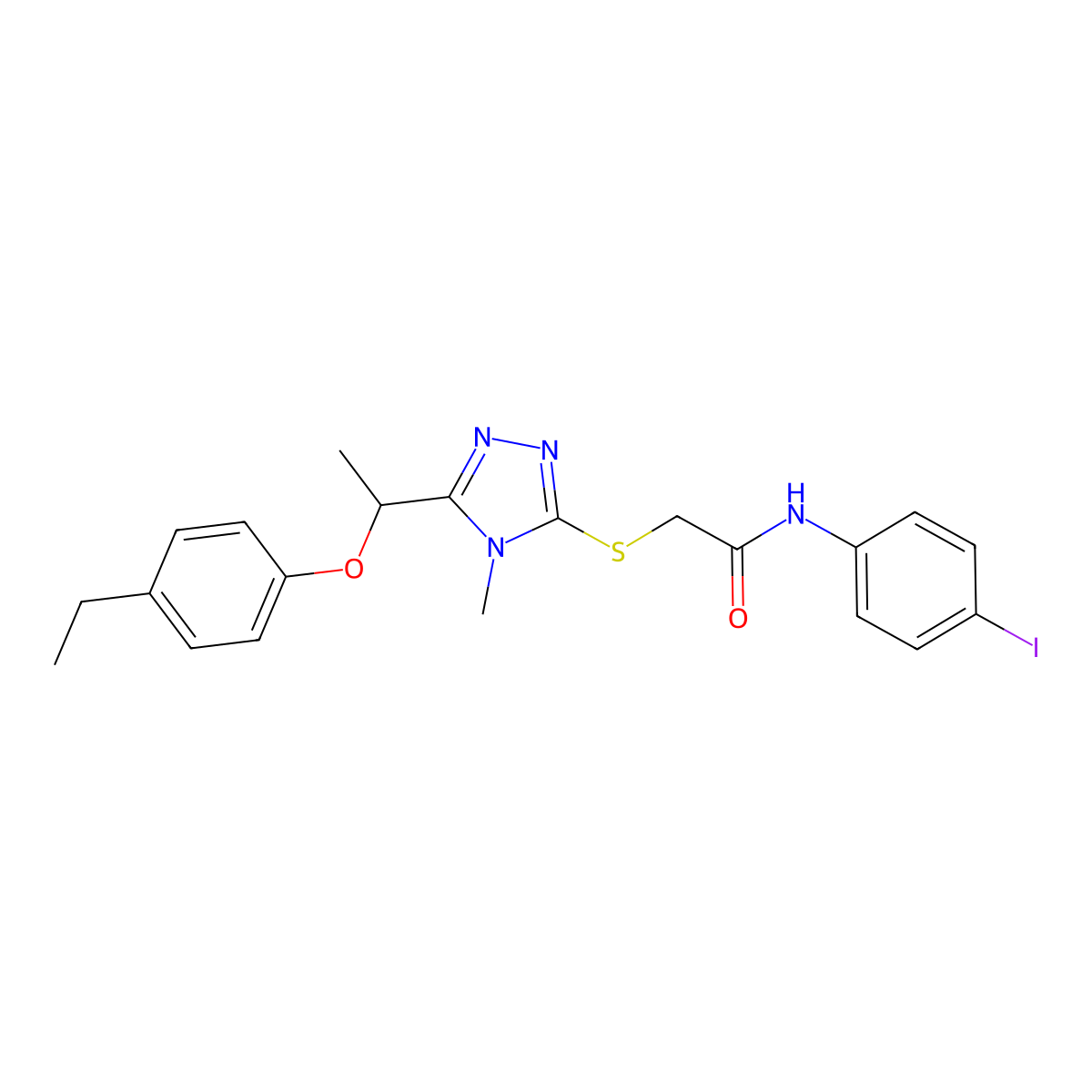 2-[[5-[1-(4-ethylphenoxy)ethyl]-4-methyl-1,2,4-triazol-3-yl]sulfanyl]-N-(4-iodophenyl)acetamide molecular structure, CAS 692771-60-1