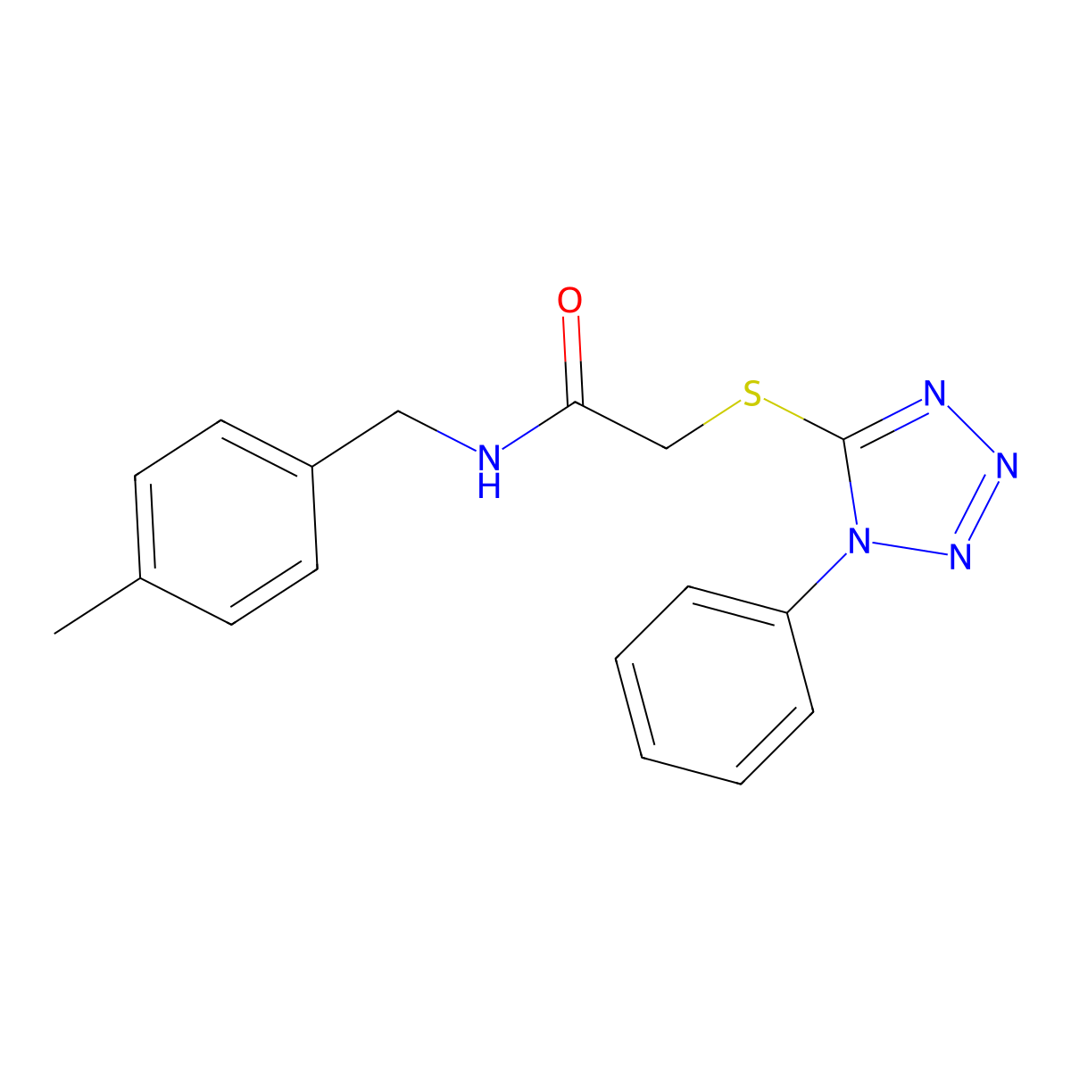 N-[(4-methylphenyl)methyl]-2-(1-phenyltetrazol-5-yl)sulfanylacetamide molecular structure, CAS 692772-06-8