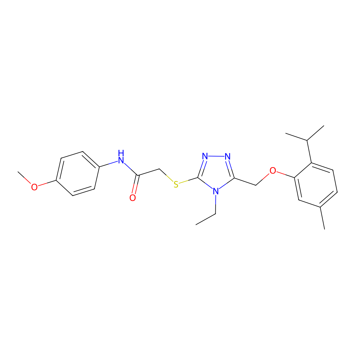 2-[[4-ethyl-5-[(5-methyl-2-propan-2-ylphenoxy)methyl]-1,2,4-triazol-3-yl]sulfanyl]-N-(4-methoxyphenyl)acetamide molecular structure, CAS 692772-15-9