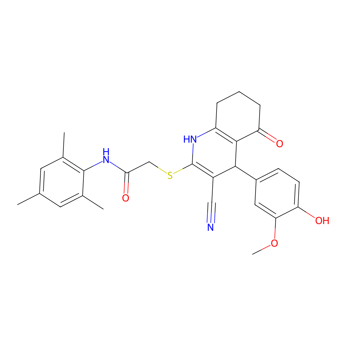 2-[[3-cyano-4-(4-hydroxy-3-methoxyphenyl)-5-oxo-4,6,7,8-tetrahydro-1H-quinolin-2-yl]sulfanyl]-N-(2,4,6-trimethylphenyl)acetamide molecular structure, CAS 692772-17-1