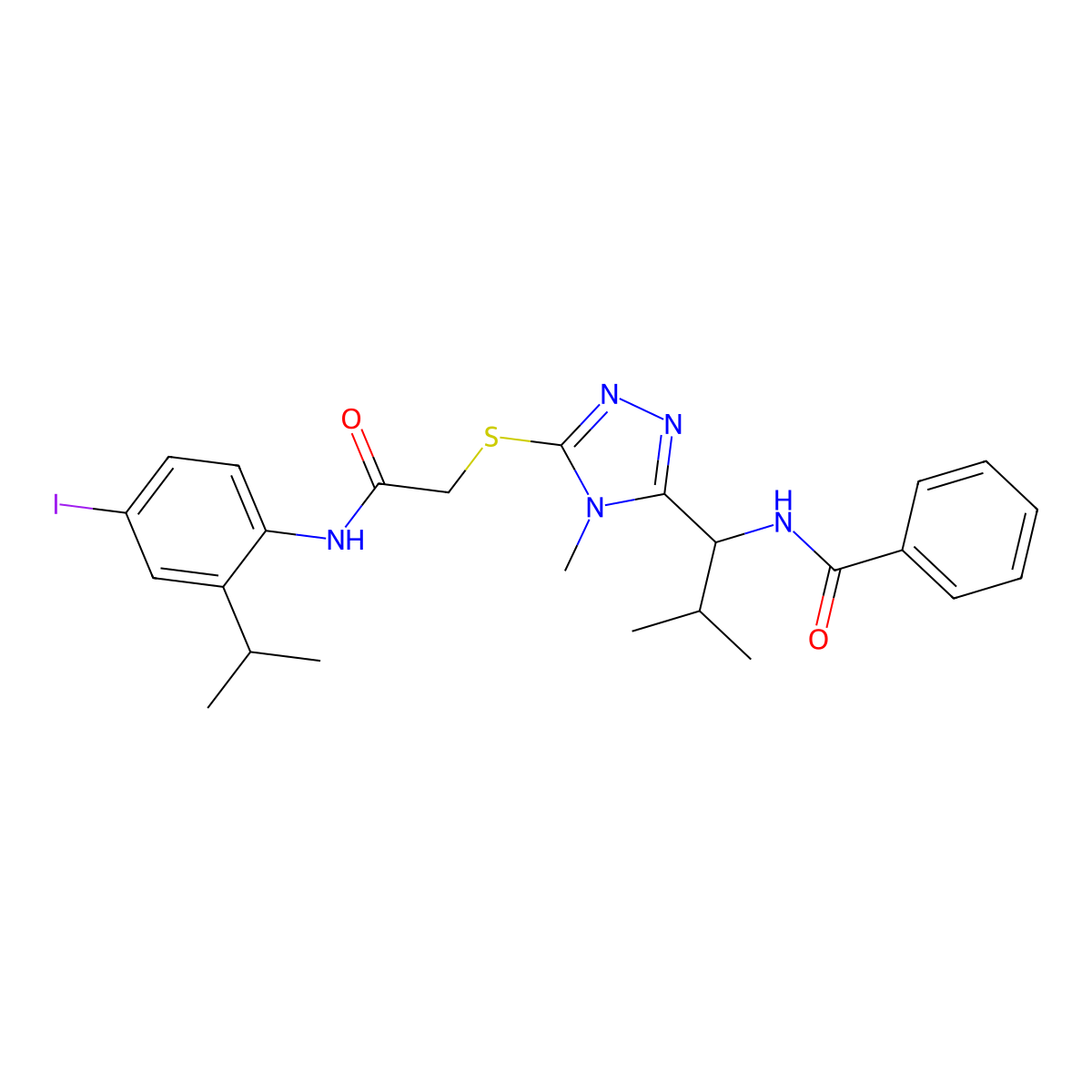 N-[1-[5-[2-(4-iodo-2-propan-2-ylanilino)-2-oxoethyl]sulfanyl-4-methyl-1,2,4-triazol-3-yl]-2-methylpropyl]benzamide molecular structure, CAS 692772-21-7