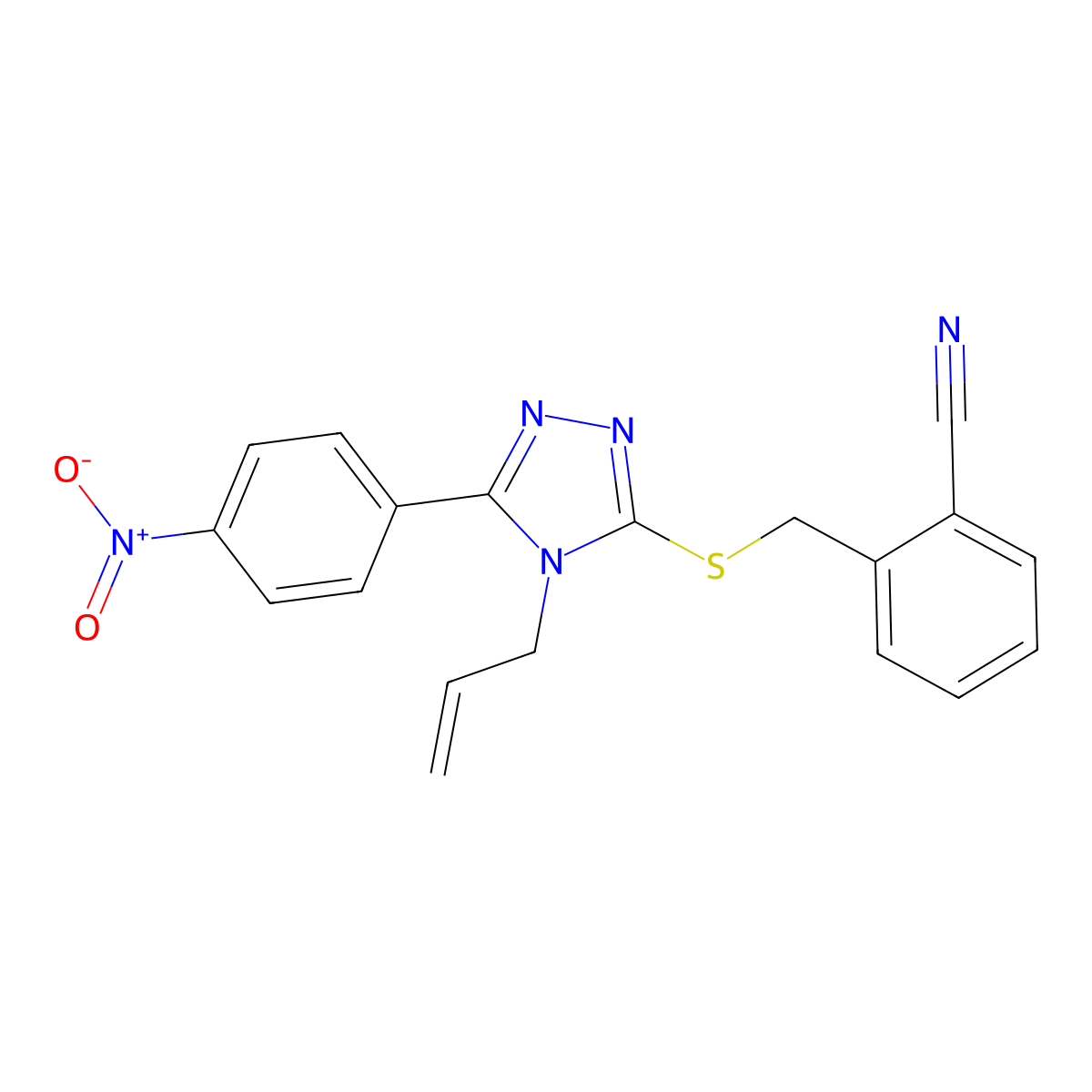 2-[[5-(4-Nitrophenyl)-4-prop-2-enyl-1,2,4-triazol-3-yl]sulfanylmethyl]benzonitrile molecular structure, CAS 692772-25-1