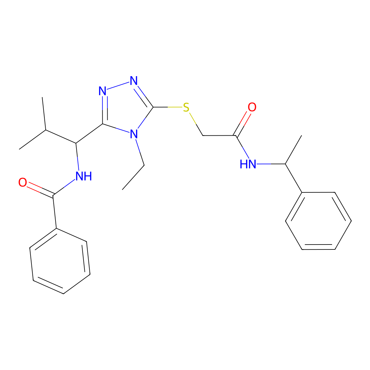N-{1-[4-ethyl-5-({2-oxo-2-[(1-phenylethyl)amino]ethyl}sulfanyl)-4H-1,2,4-triazol-3-yl]-2-methylpropyl}benzamide molecular structure, CAS 692773-62-9