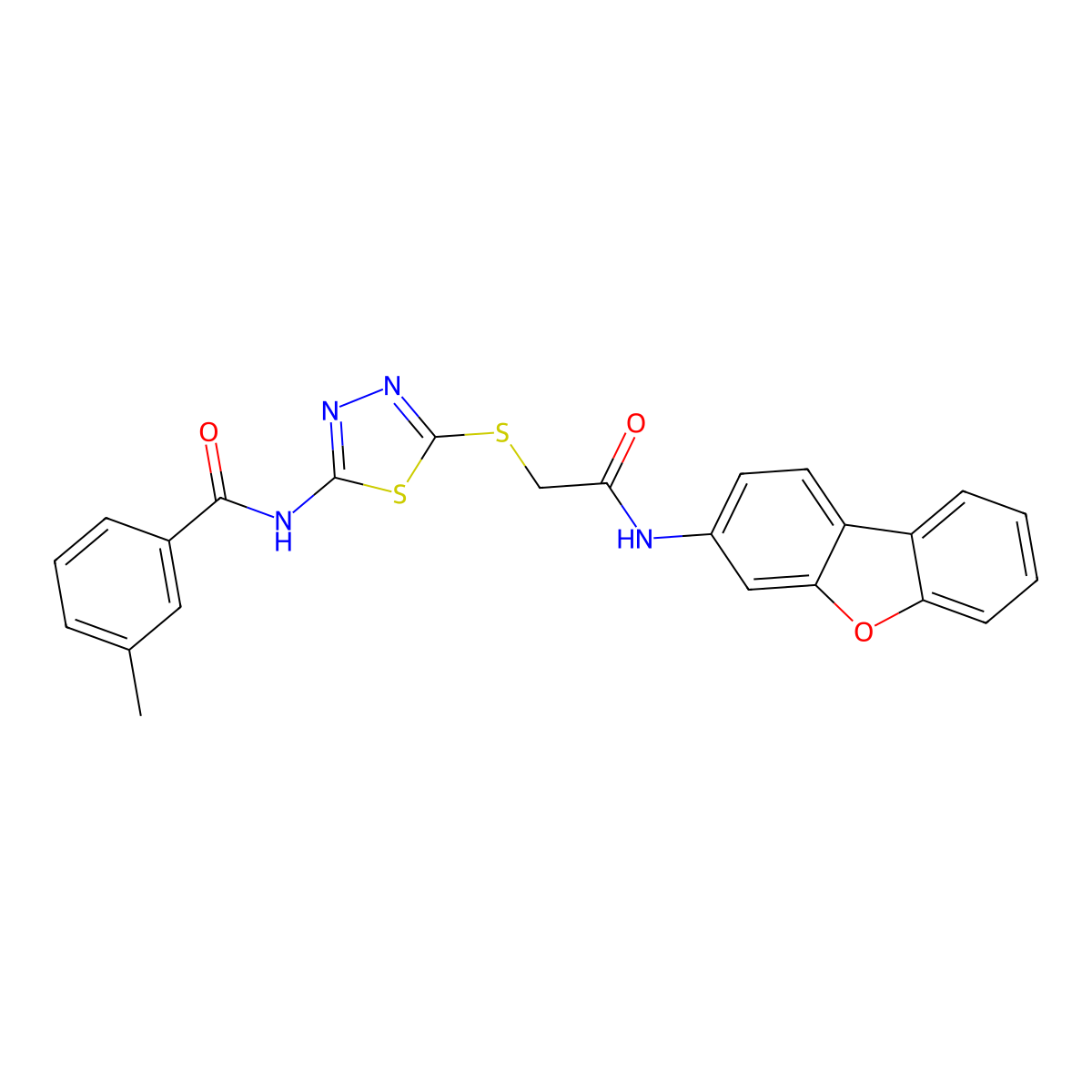 N-[5-[2-(dibenzofuran-3-ylamino)-2-oxoethyl]sulfanyl-1,3,4-thiadiazol-2-yl]-3-methylbenzamide molecular structure, CAS 692773-79-8