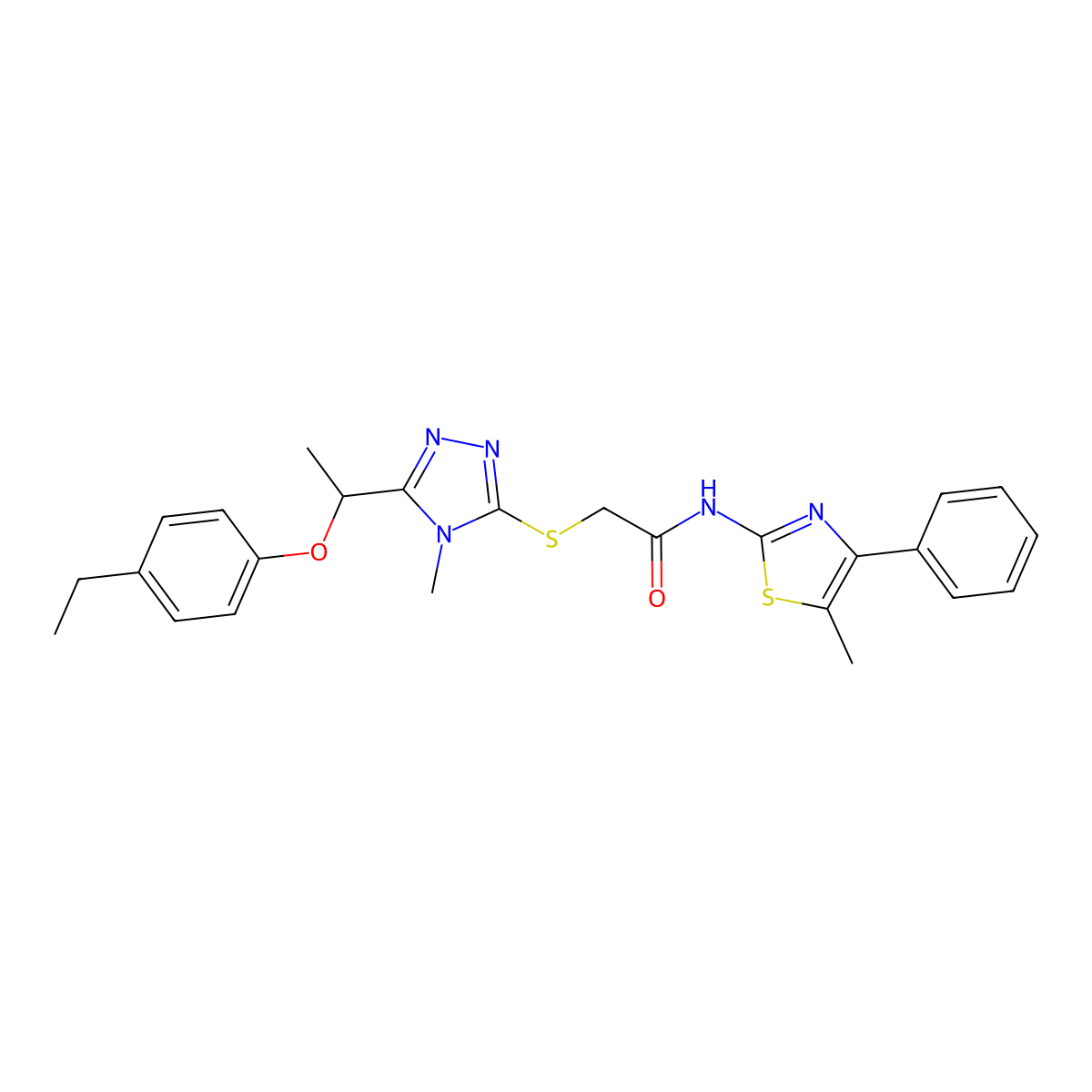2-({5-[1-(4-ethylphenoxy)ethyl]-4-methyl-4H-1,2,4-triazol-3-yl}sulfanyl)-N-(5-methyl-4-phenyl-1,3-thiazol-2-yl)acetamide molecular structure, CAS 692773-93-6