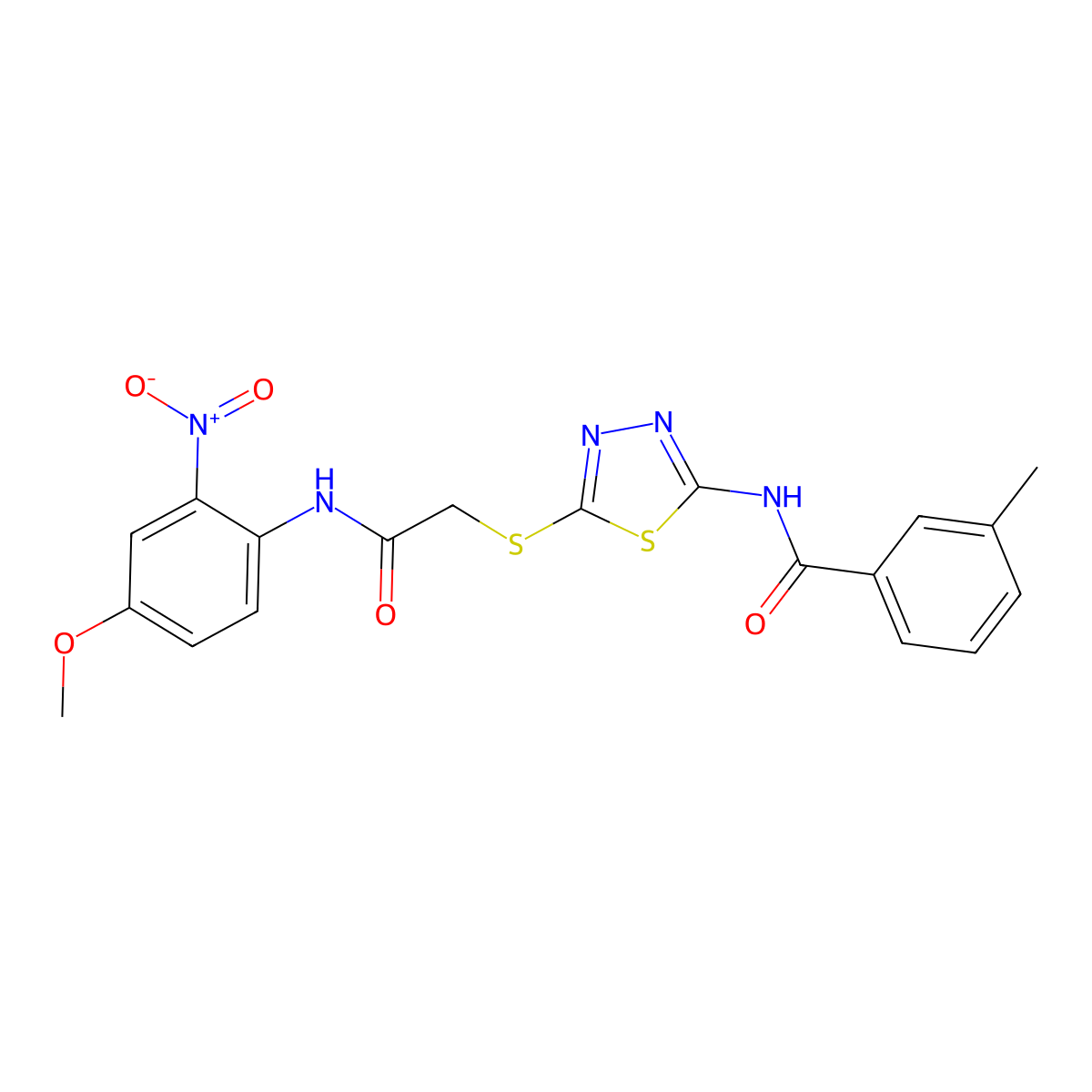 N-[5-[2-(4-methoxy-2-nitroanilino)-2-oxoethyl]sulfanyl-1,3,4-thiadiazol-2-yl]-3-methylbenzamide molecular structure, CAS 692774-01-9
