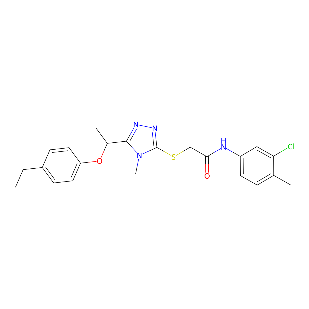N-(3-chloro-4-methylphenyl)-2-[[5-[1-(4-ethylphenoxy)ethyl]-4-methyl-1,2,4-triazol-3-yl]sulfanyl]acetamide molecular structure, CAS 692774-02-0