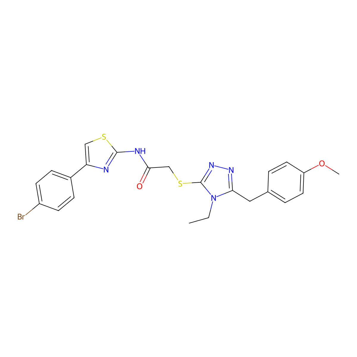 N-[4-(4-bromophenyl)-1,3-thiazol-2-yl]-2-[[4-ethyl-5-[(4-methoxyphenyl)methyl]-1,2,4-triazol-3-yl]sulfanyl]acetamide molecular structure, CAS 692774-05-3
