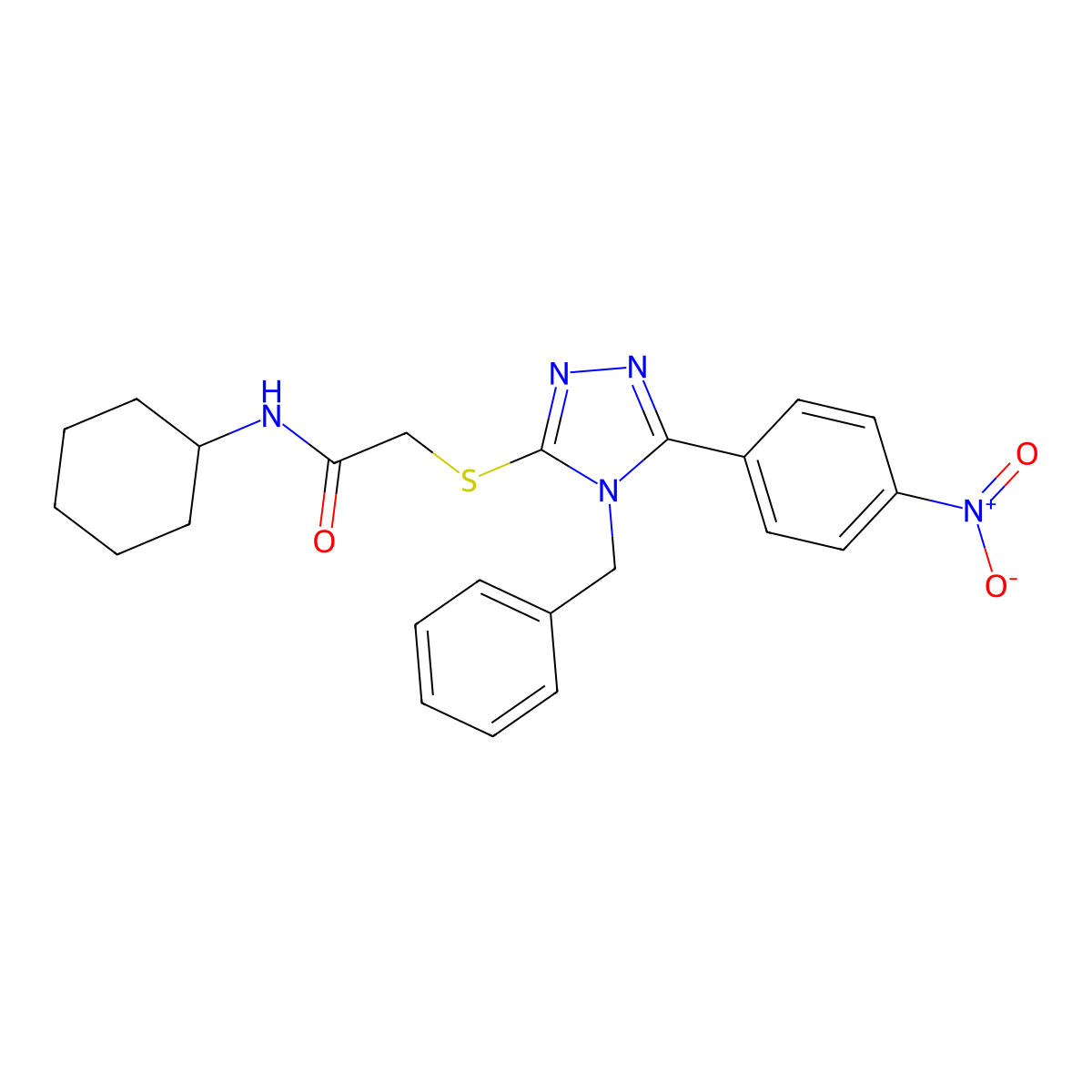 2-[[4-benzyl-5-(4-nitrophenyl)-1,2,4-triazol-3-yl]sulfanyl]-N-cyclohexylacetamide molecular structure, CAS 692774-11-1