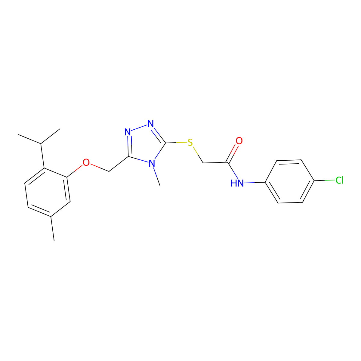 N-(4-chlorophenyl)-2-[[4-methyl-5-[(5-methyl-2-propan-2-ylphenoxy)methyl]-1,2,4-triazol-3-yl]sulfanyl]acetamide molecular structure, CAS 692774-27-9