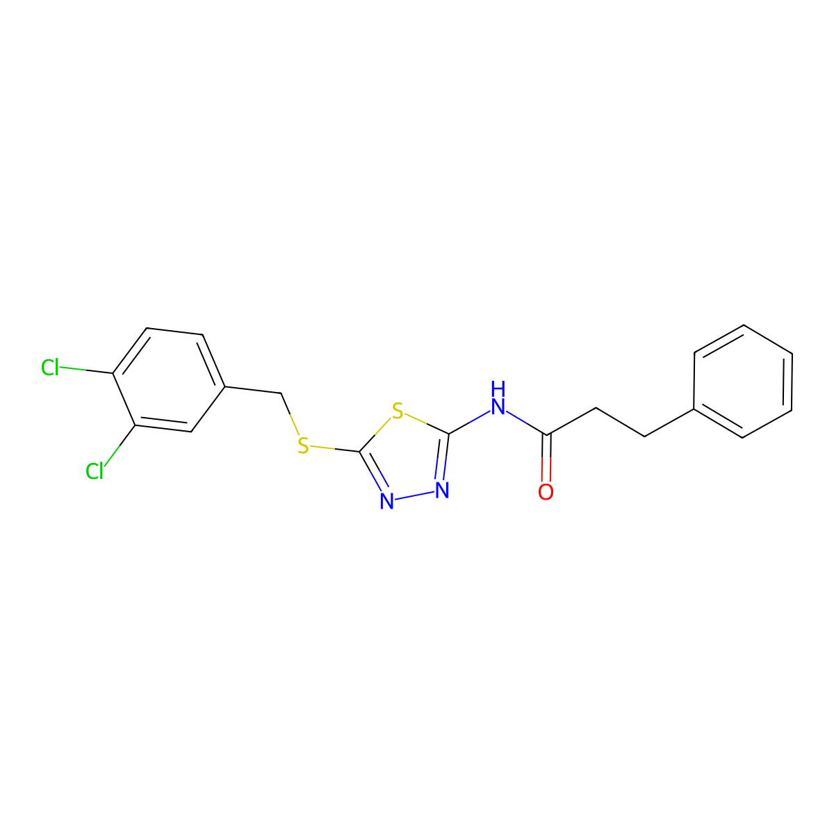 N-[5-[(3,4-dichlorophenyl)methylsulfanyl]-1,3,4-thiadiazol-2-yl]-3-phenylpropanamide molecular structure, CAS 692774-35-9