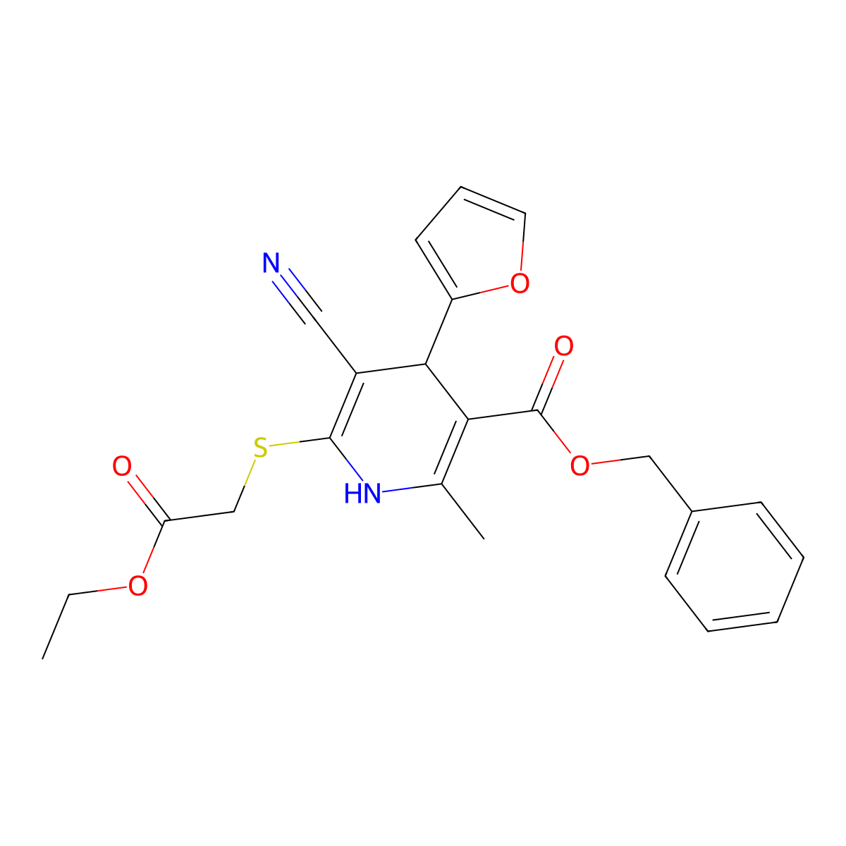 Benzyl 5-cyano-6-[(2-ethoxy-2-oxoethyl)thio]-4-(2-furyl)-2-methyl-1,4-dihydro-3-pyridinecarboxylate molecular structure, CAS 692774-36-0