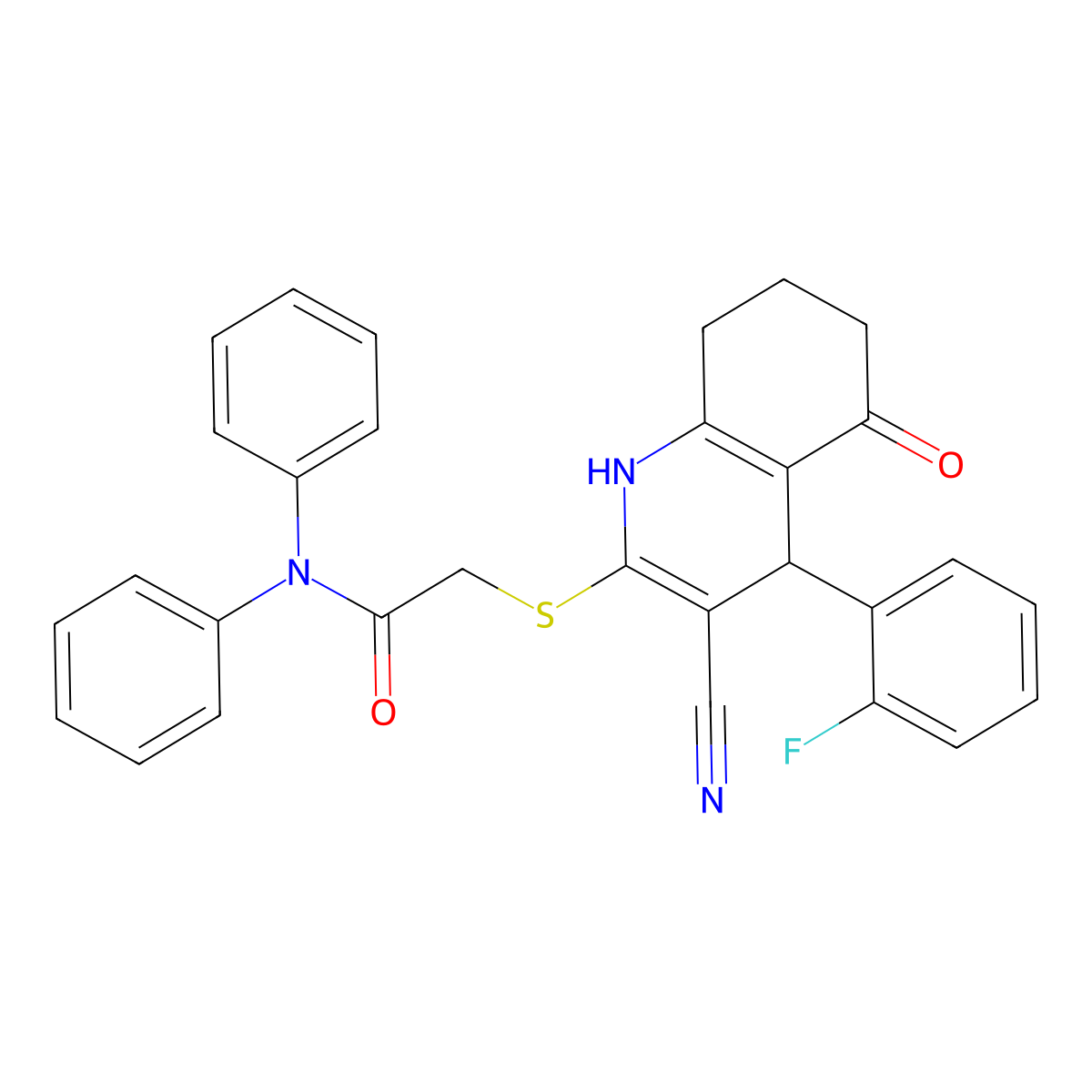 2-[[3-cyano-4-(2-fluorophenyl)-5-oxo-4,6,7,8-tetrahydro-1H-quinolin-2-yl]sulfanyl]-N,N-diphenylacetamide molecular structure, CAS 692774-51-9