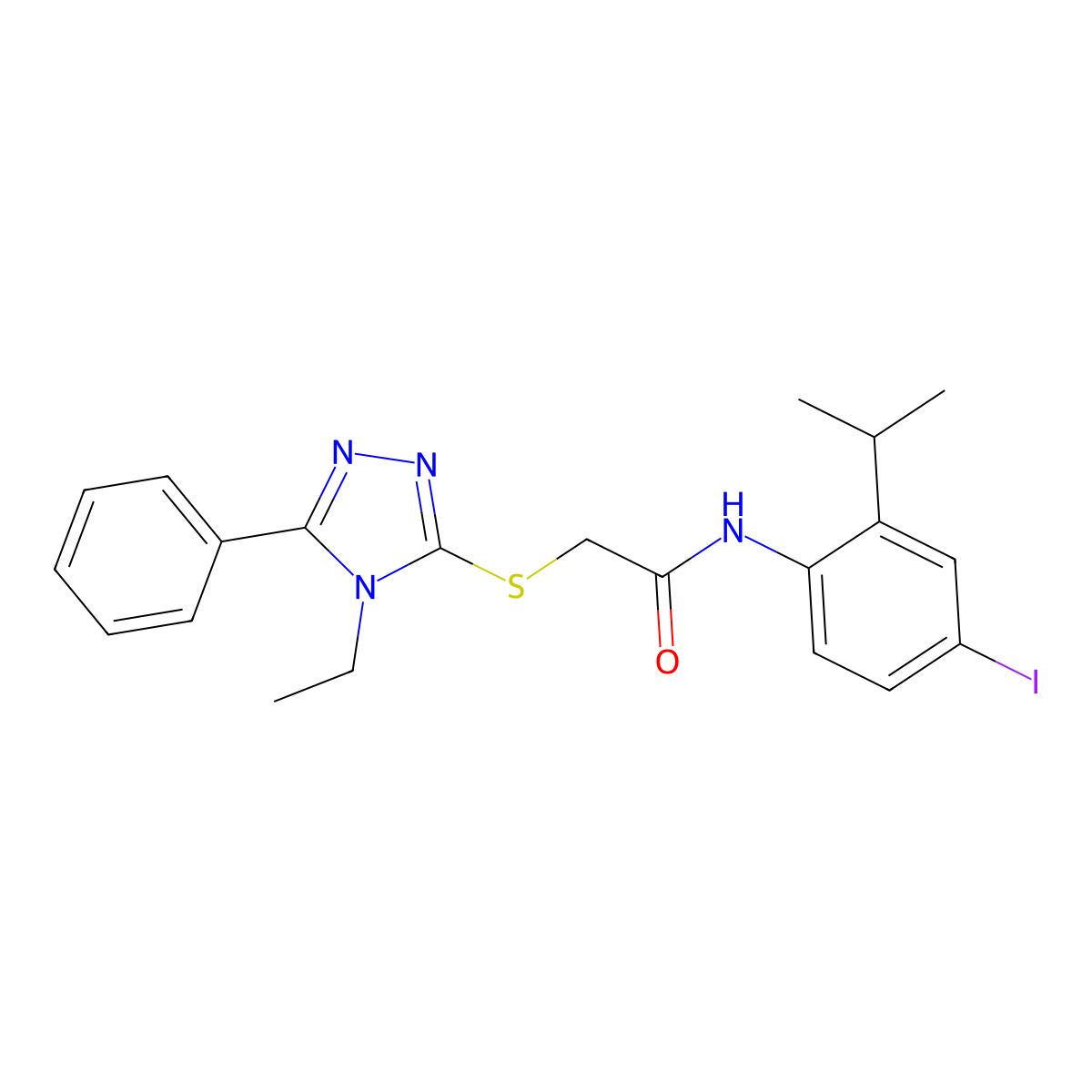 2-[(4-ethyl-5-phenyl-1,2,4-triazol-3-yl)sulfanyl]-N-(4-iodo-2-propan-2-ylphenyl)acetamide molecular structure, CAS 692774-85-9