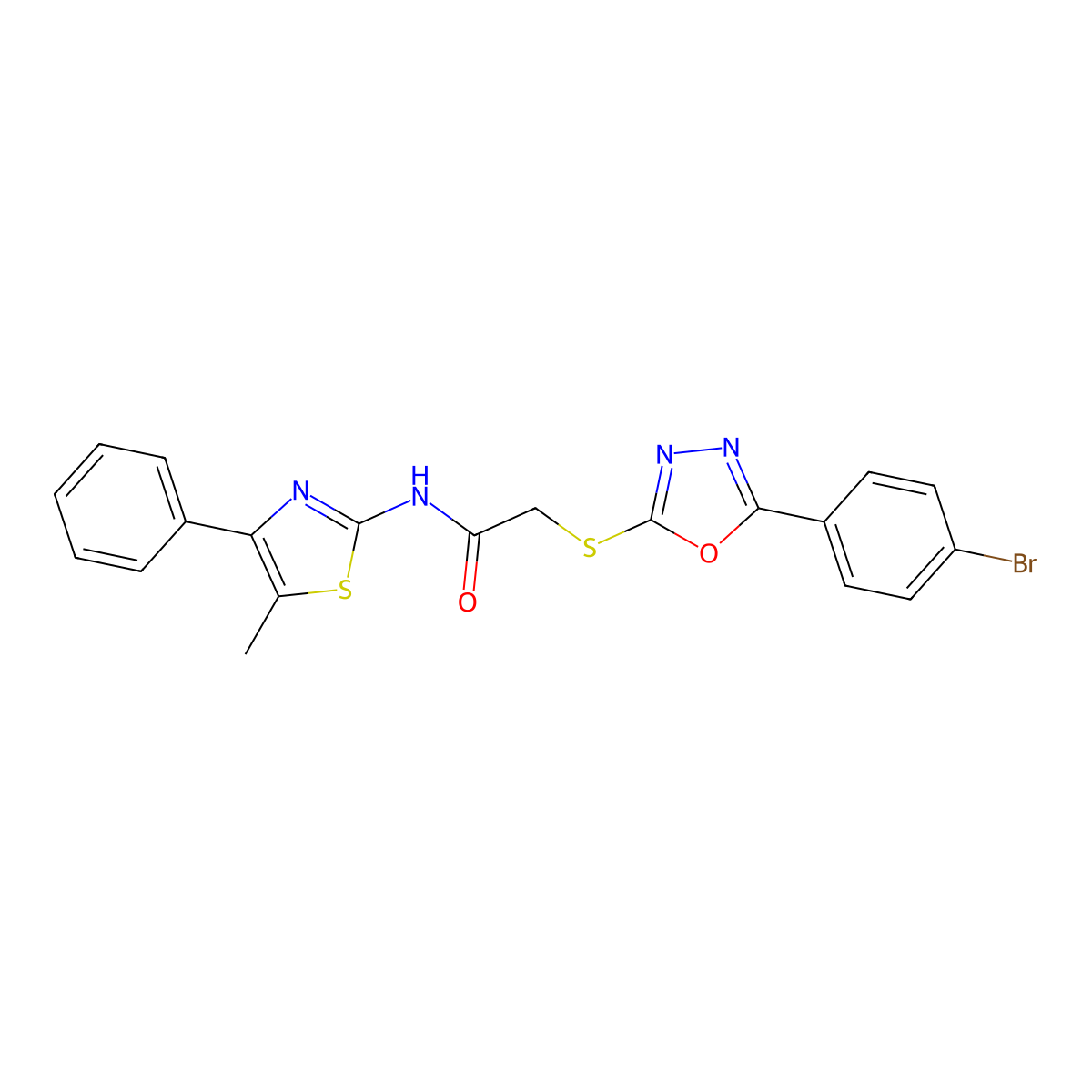 2-[[5-(4-bromophenyl)-1,3,4-oxadiazol-2-yl]sulfanyl]-N-(5-methyl-4-phenyl-1,3-thiazol-2-yl)acetamide molecular structure, CAS 692775-01-2