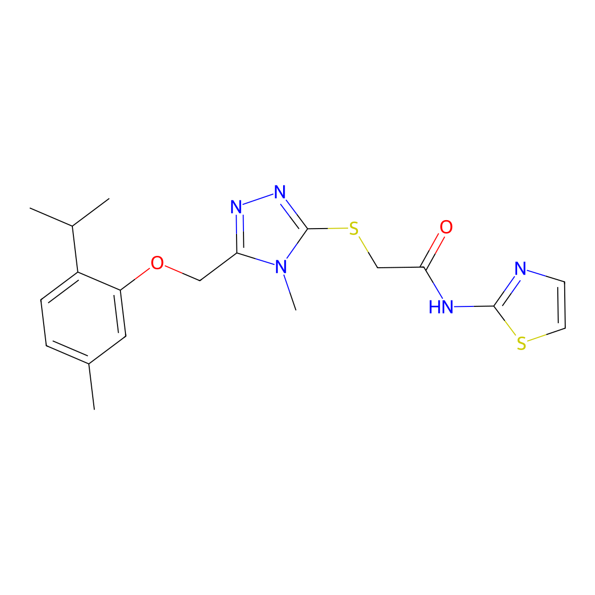 2-({5-[(2-isopropyl-5-methylphenoxy)methyl]-4-methyl-4H-1,2,4-triazol-3-yl}thio)-N-1,3-thiazol-2-ylacetamide molecular structure, CAS 692775-03-4