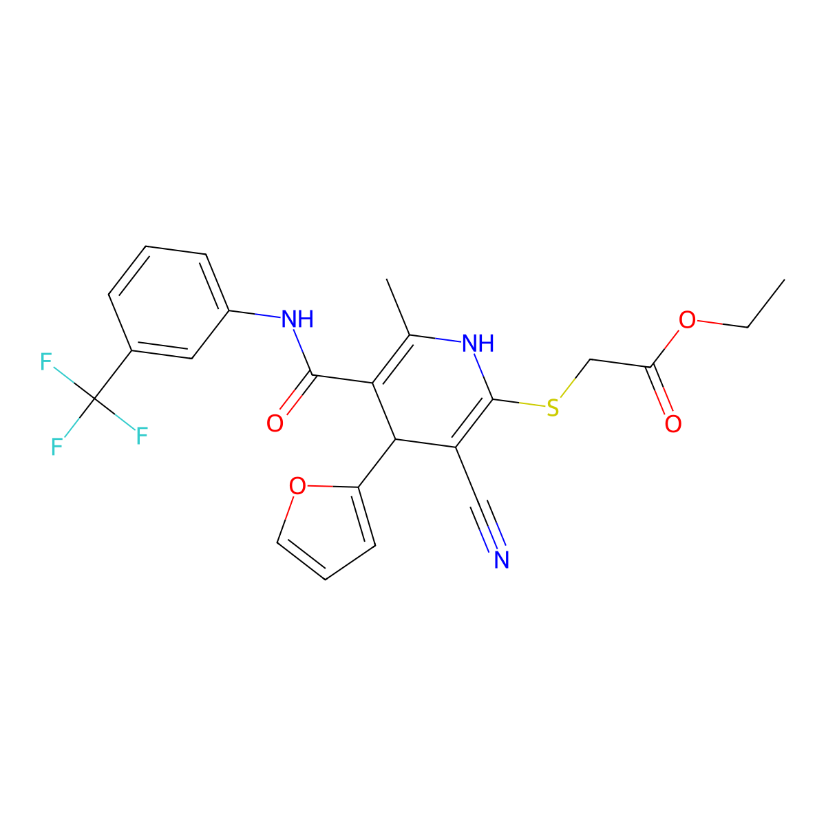 Ethyl {[3-cyano-4-(2-furyl)-6-methyl-5-({[3-(trifluoromethyl)phenyl]amino}carbonyl)-1,4-dihydro-2-pyridinyl]thio}acetate molecular structure, CAS 692775-10-3