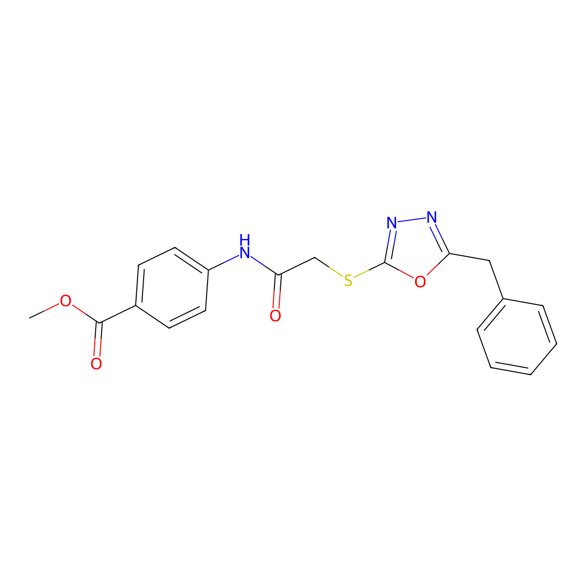 Methyl 4-(2-((5-benzyl-1,3,4-oxadiazol-2-yl)thio)acetamido)benzoate molecular structure, CAS 692775-13-6