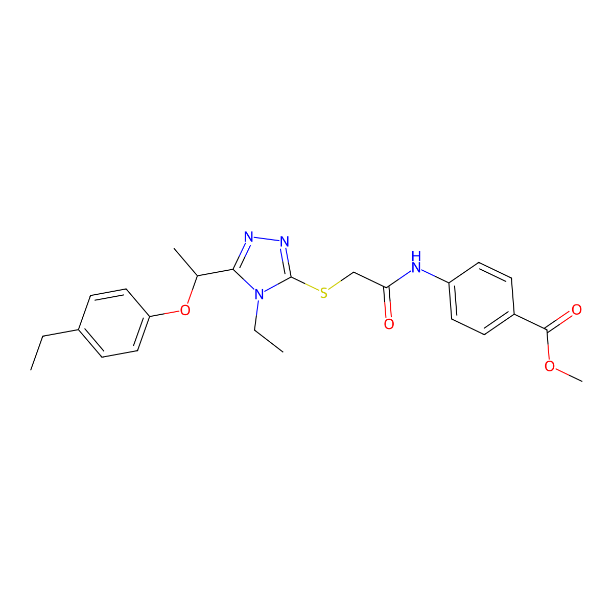 methyl 4-{[({4-ethyl-5-[1-(4-ethylphenoxy)ethyl]-4H-1,2,4-triazol-3-yl}sulfanyl)acetyl]amino}benzoate molecular structure, CAS 692775-20-5