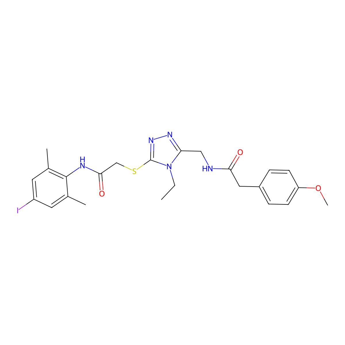 2-{[4-ethyl-5-({[(4-methoxyphenyl)acetyl]amino}methyl)-4H-1,2,4-triazol-3-yl]sulfanyl}-N-(4-iodo-2,6-dimethylphenyl)acetamide molecular structure, CAS 692775-28-3