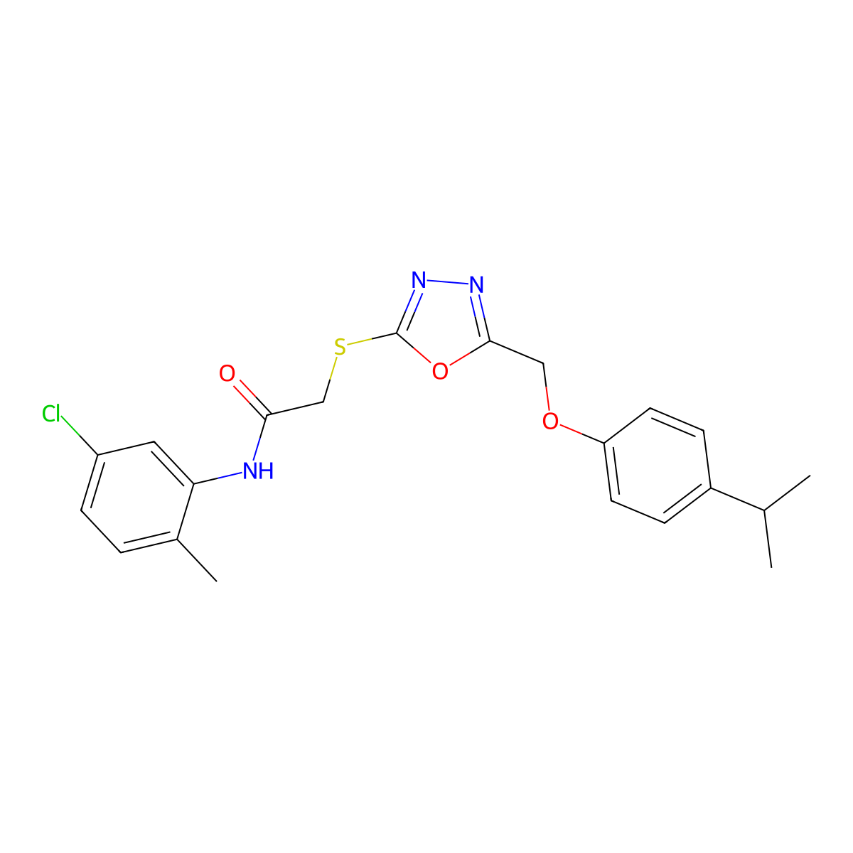 N-(5-chloro-2-methylphenyl)-2-[(5-{[4-(propan-2-yl)phenoxy]methyl}-1,3,4-oxadiazol-2-yl)sulfanyl]acetamide molecular structure, CAS 692775-36-3