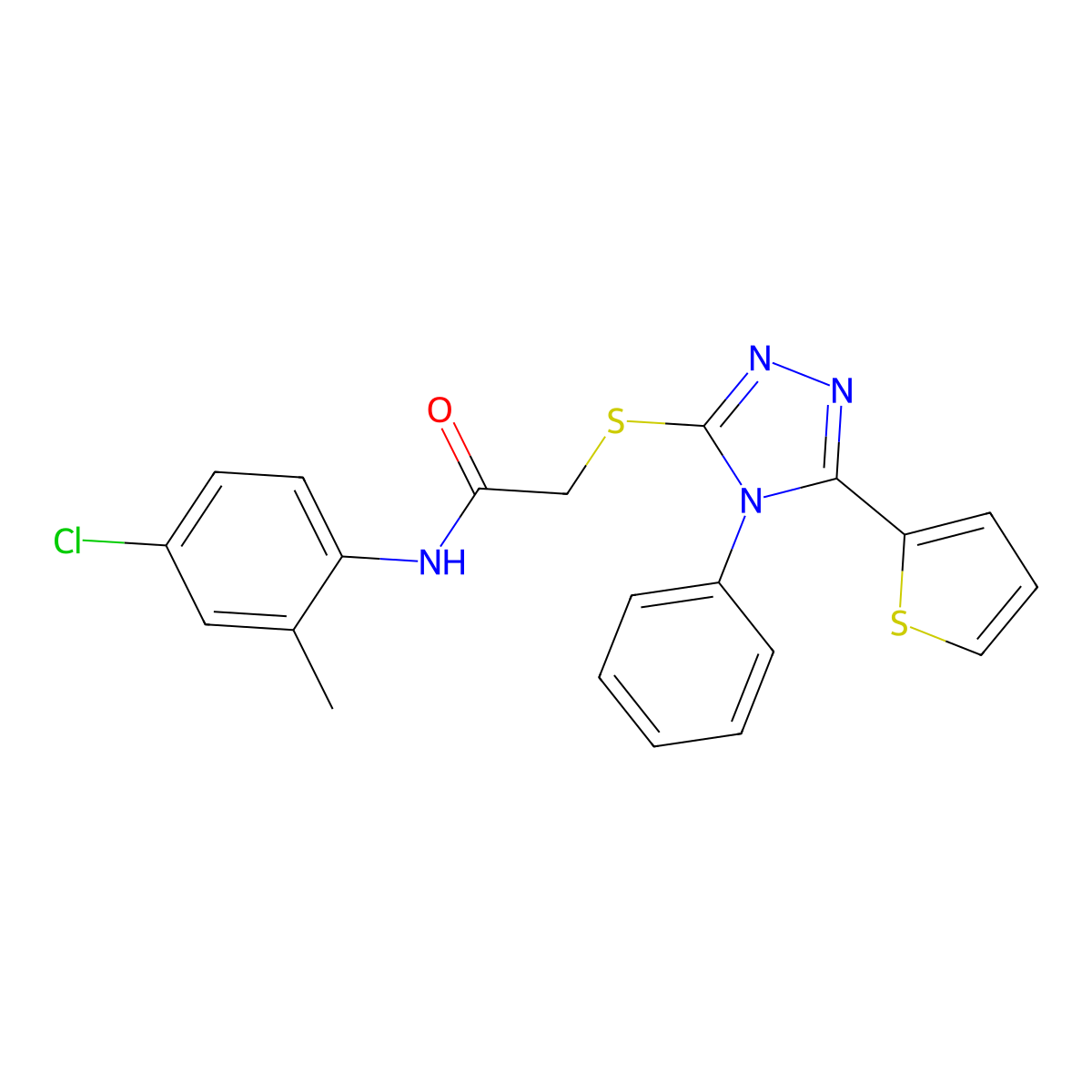 N-(4-chloro-2-methylphenyl)-2-[(4-phenyl-5-thiophen-2-yl-1,2,4-triazol-3-yl)sulfanyl]acetamide molecular structure, CAS 692775-38-5