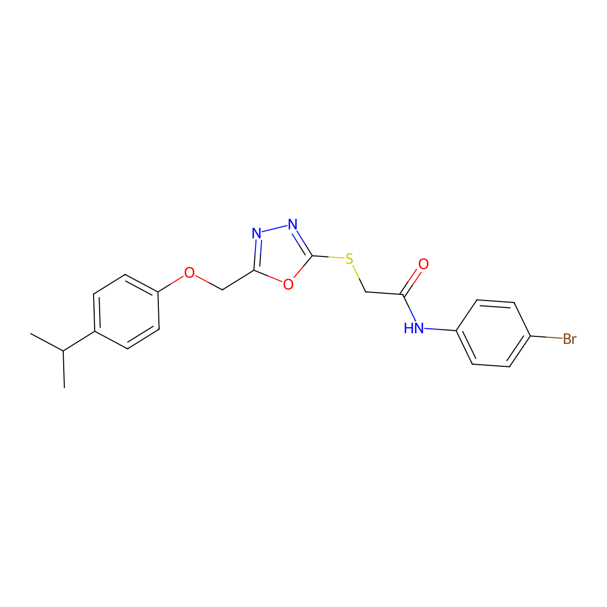 N-(4-bromophenyl)-2-[[5-[(4-propan-2-ylphenoxy)methyl]-1,3,4-oxadiazol-2-yl]sulfanyl]acetamide molecular structure, CAS 692775-41-0
