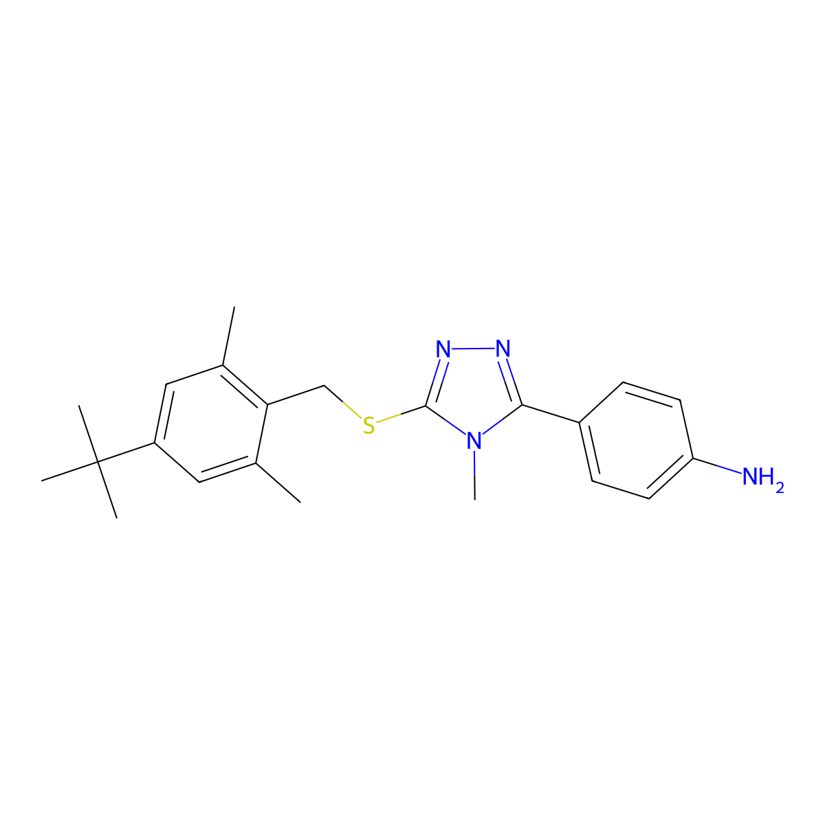 4-[5-[(4-Tert-butyl-2,6-dimethylphenyl)methylsulfanyl]-4-methyl-1,2,4-triazol-3-yl]aniline molecular structure, CAS 692775-42-1