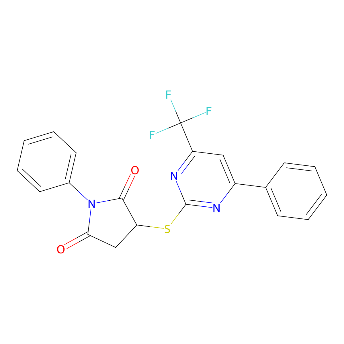 1-Phenyl-3-[4-phenyl-6-(trifluoromethyl)pyrimidin-2-yl]sulfanylpyrrolidine-2,5-dione molecular structure, CAS 692775-47-6
