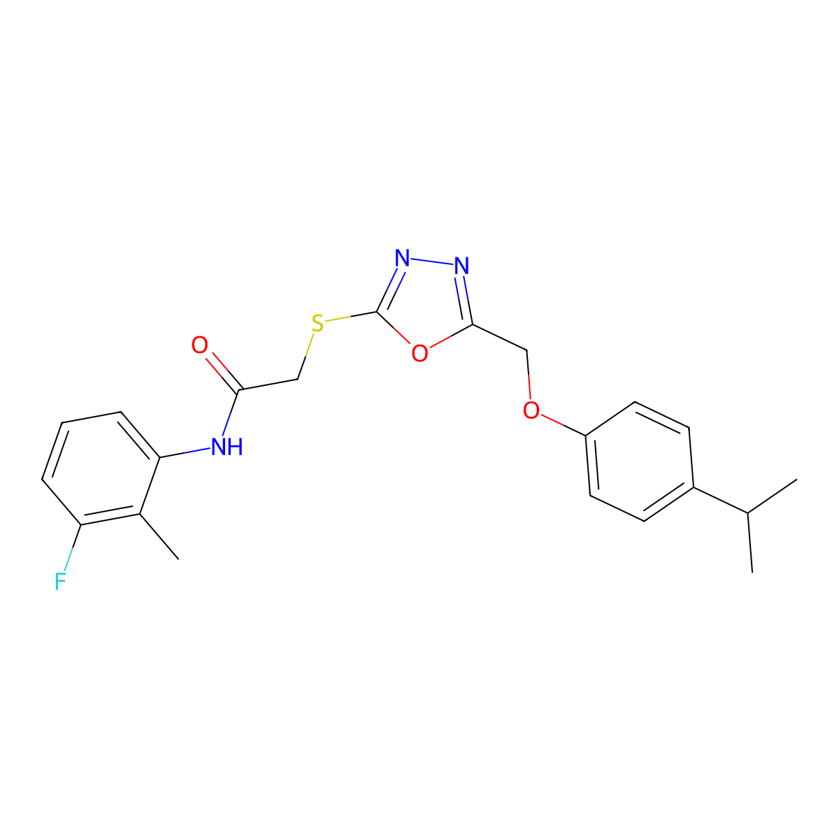 N-(3-fluoro-2-methylphenyl)-2-[(5-{[4-(propan-2-yl)phenoxy]methyl}-1,3,4-oxadiazol-2-yl)sulfanyl]acetamide molecular structure, CAS 692775-58-9