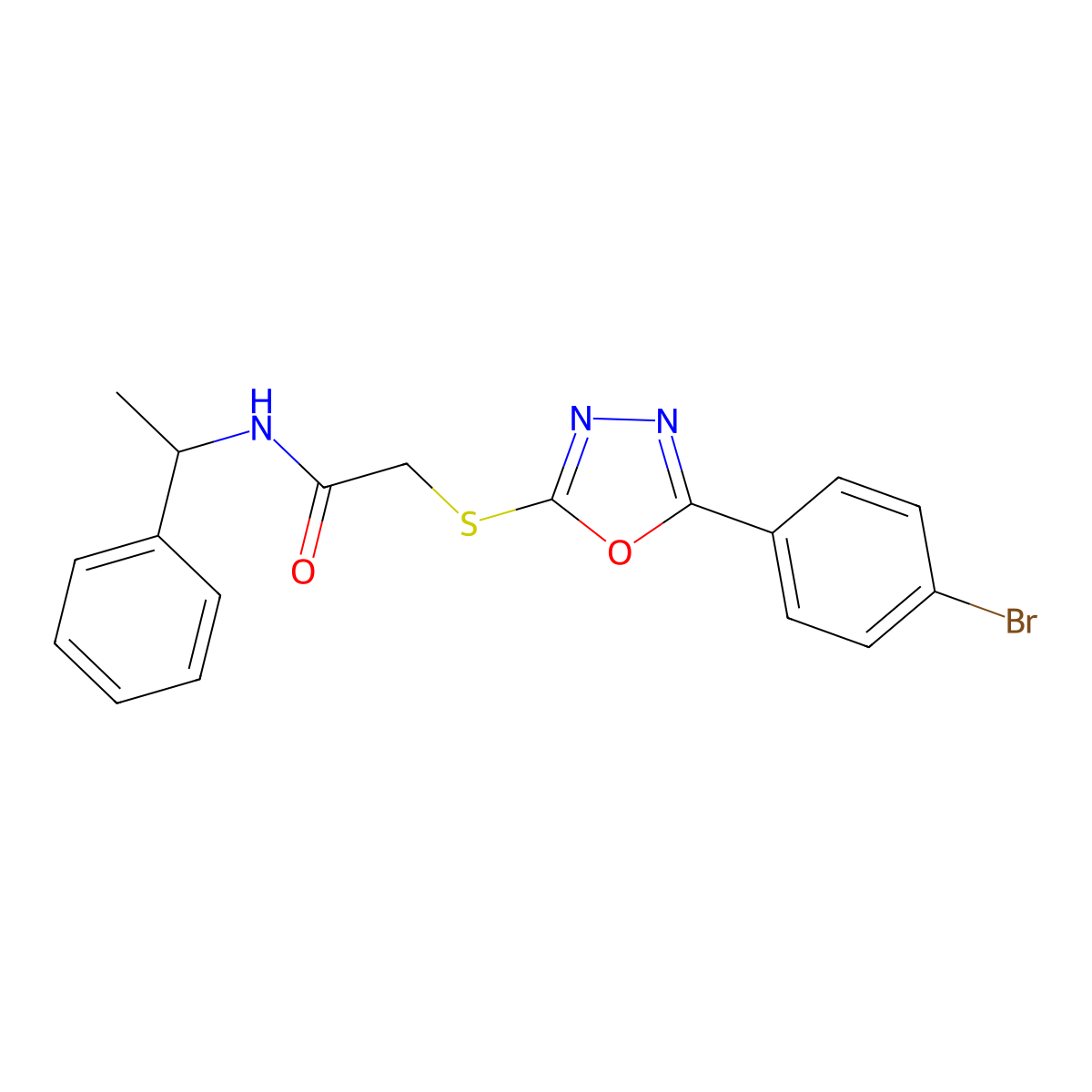 2-{[5-(4-bromophenyl)-1,3,4-oxadiazol-2-yl]sulfanyl}-N-(1-phenylethyl)acetamide molecular structure, CAS 692775-98-7