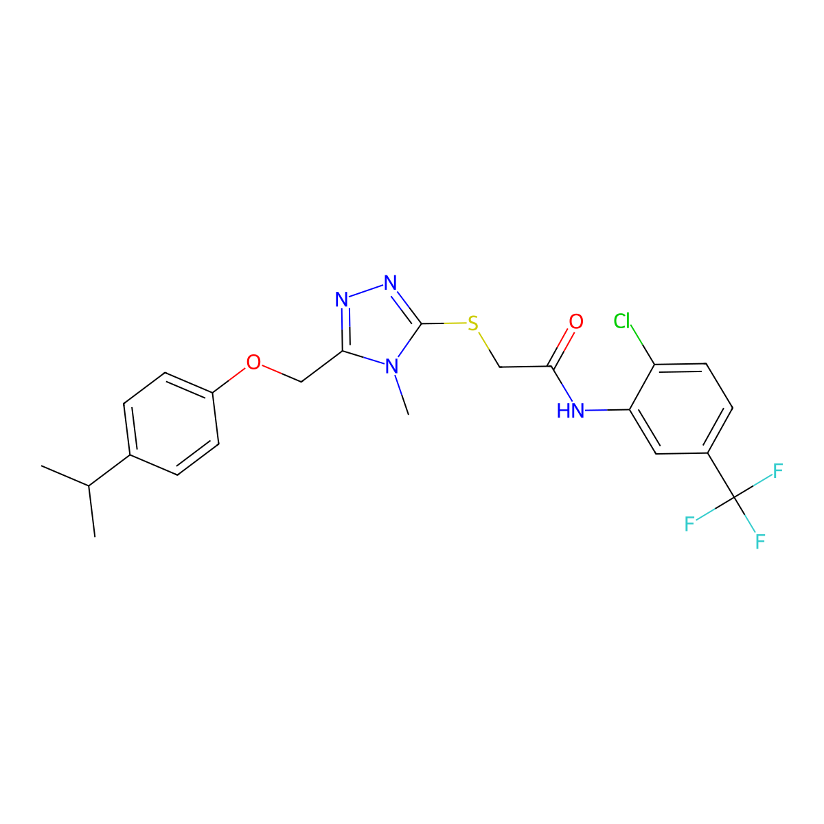 N-[2-chloro-5-(trifluoromethyl)phenyl]-2-[[4-methyl-5-[(4-propan-2-ylphenoxy)methyl]-1,2,4-triazol-3-yl]sulfanyl]acetamide molecular structure, CAS 692776-08-2