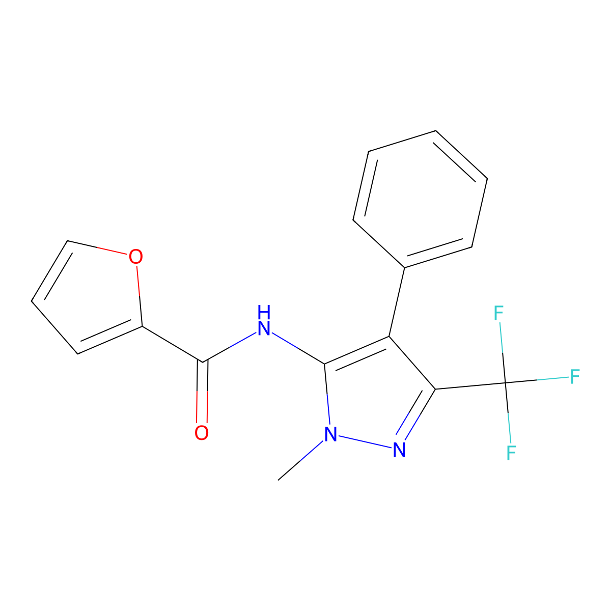 N-[2-methyl-4-phenyl-5-(trifluoromethyl)pyrazol-3-yl]furan-2-carboxamide molecular structure, CAS 693219-54-4