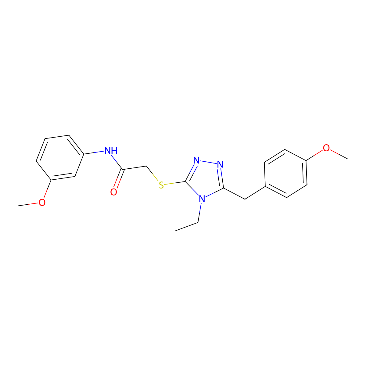 2-[[4-ethyl-5-[(4-methoxyphenyl)methyl]-1,2,4-triazol-3-yl]sulfanyl]-N-(3-methoxyphenyl)acetamide molecular structure, CAS 693228-51-2