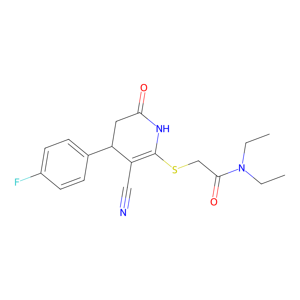 2-[[5-cyano-4-(4-fluorophenyl)-2-oxo-3,4-dihydro-1H-pyridin-6-yl]sulfanyl]-N,N-diethylacetamide molecular structure, CAS 693228-72-7