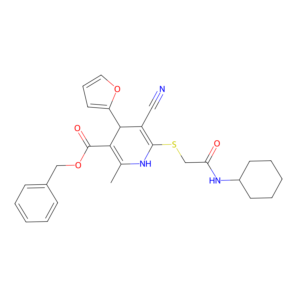 Benzyl 5-cyano-6-((2-(cyclohexylamino)-2-oxoethyl)thio)-4-(furan-2-yl)-2-methyl-1,4-dihydropyridine-3-carboxylate molecular structure, CAS 693228-76-1