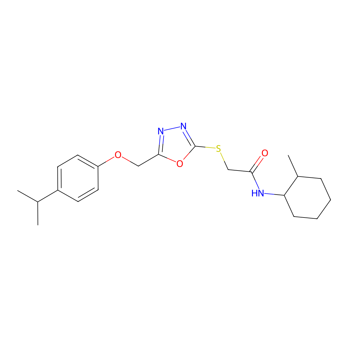 N-(2-methylcyclohexyl)-2-[[5-[(4-propan-2-ylphenoxy)methyl]-1,3,4-oxadiazol-2-yl]sulfanyl]acetamide molecular structure, CAS 693229-06-0