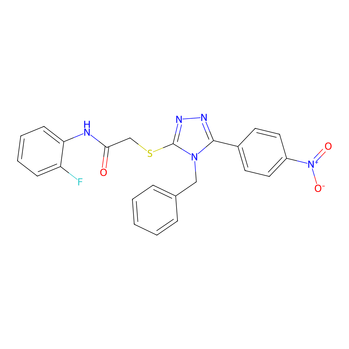 2-[[4-benzyl-5-(4-nitrophenyl)-1,2,4-triazol-3-yl]sulfanyl]-N-(2-fluorophenyl)acetamide molecular structure, CAS 693229-14-0