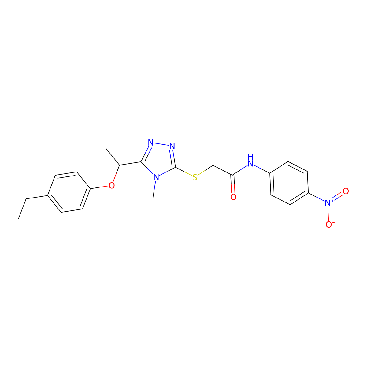 2-[[5-[1-(4-ethylphenoxy)ethyl]-4-methyl-1,2,4-triazol-3-yl]sulfanyl]-N-(4-nitrophenyl)acetamide molecular structure, CAS 693229-26-4