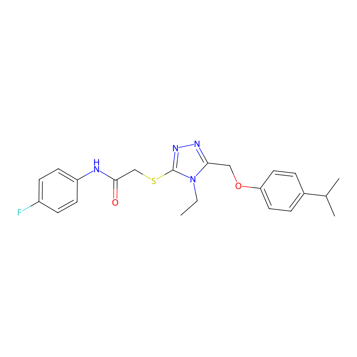 2-[[4-ethyl-5-[(4-propan-2-ylphenoxy)methyl]-1,2,4-triazol-3-yl]sulfanyl]-N-(4-fluorophenyl)acetamide molecular structure, CAS 693229-29-7
