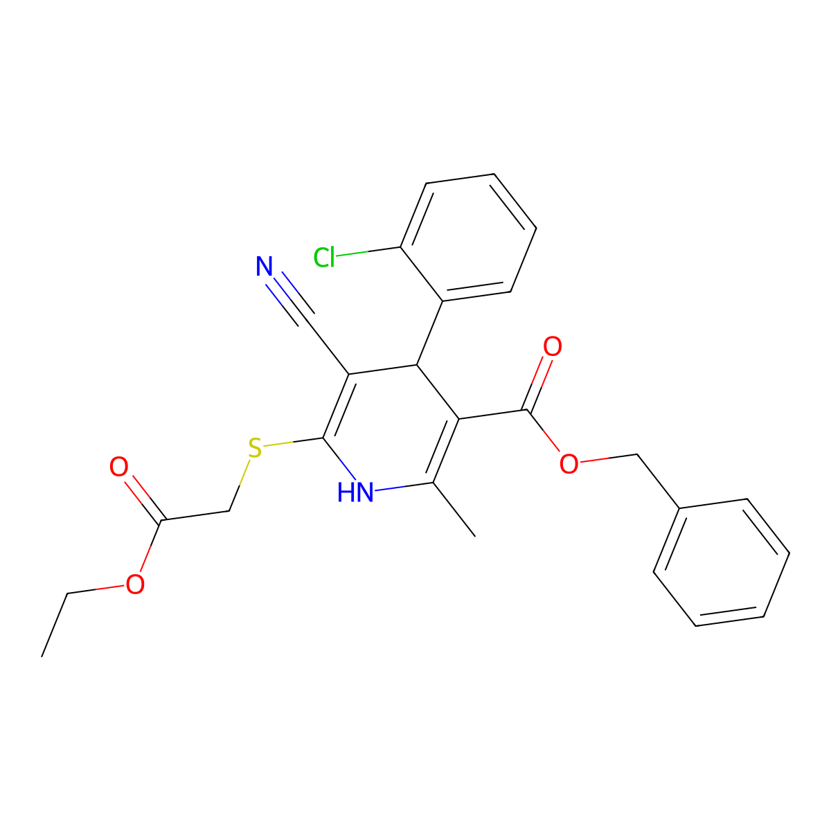 Benzyl 4-(2-chlorophenyl)-5-cyano-6-((2-ethoxy-2-oxoethyl)thio)-2-methyl-1,4-dihydropyridine-3-carboxylate molecular structure, CAS 693230-08-9